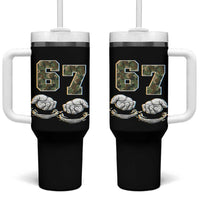 Funny Six Seven 6 7 Meme Tumbler With Handle Gen Alpha Slang 6 7 Hands Camo Boy Girl