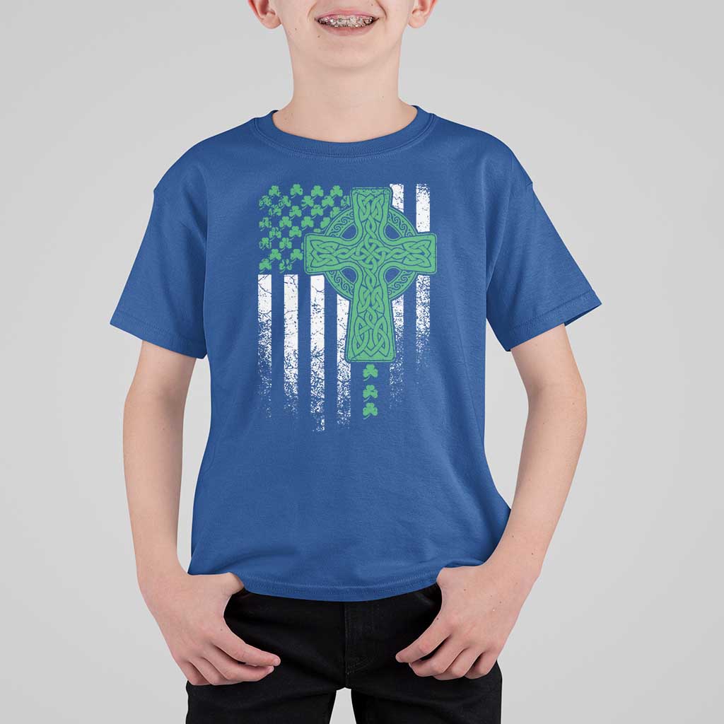 St Patricks Day American Flag T Shirt For Kid Celtic Cross Shamrocks