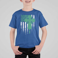 St Patricks Day American Flag T Shirt For Kid Celtic Cross Shamrocks