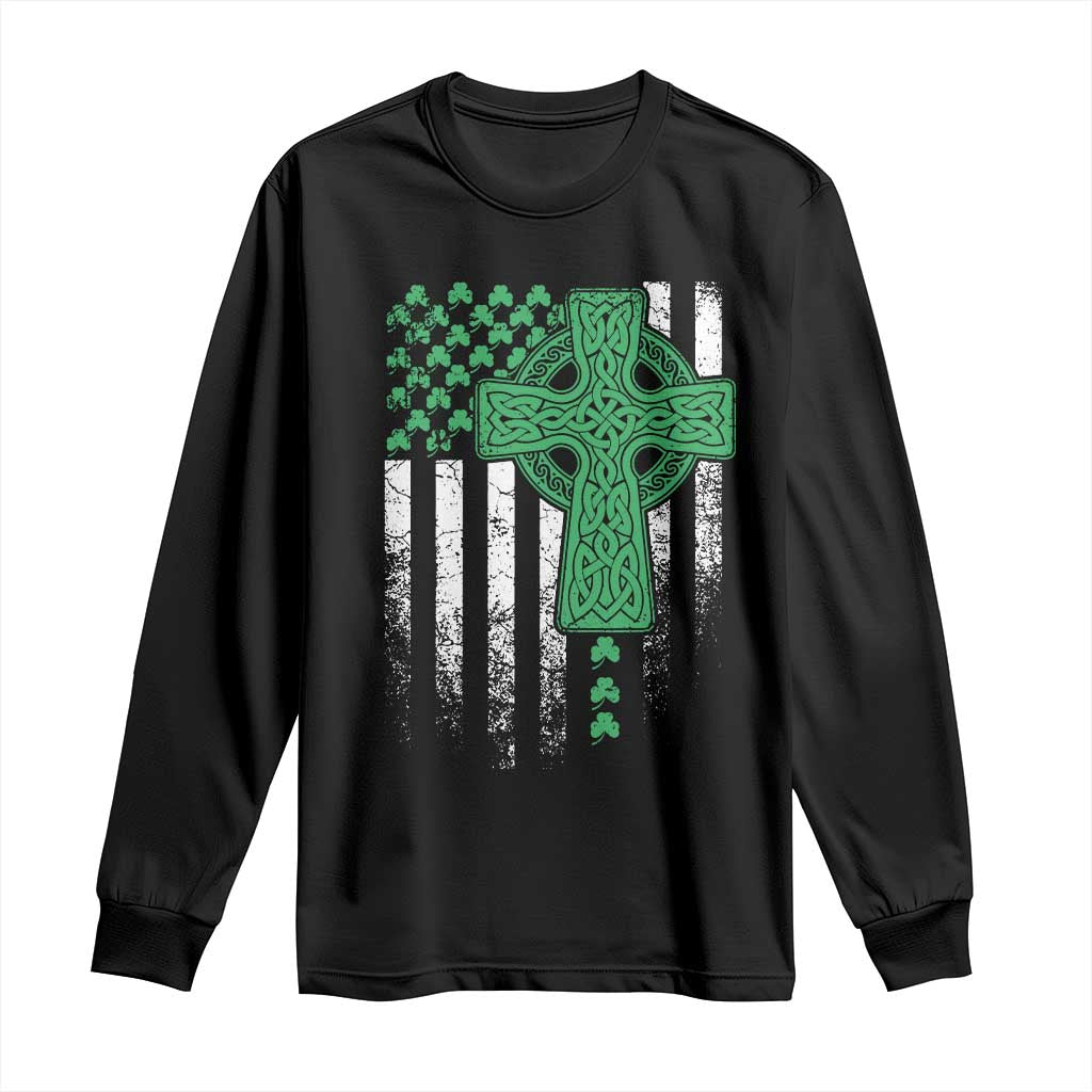 St Patricks Day American Flag Long Sleeve Shirt Celtic Cross Shamrocks