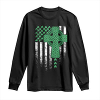 St Patricks Day American Flag Long Sleeve Shirt Celtic Cross Shamrocks