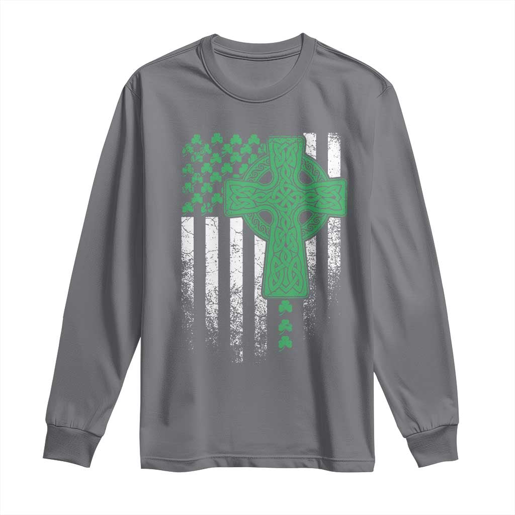 St Patricks Day American Flag Long Sleeve Shirt Celtic Cross Shamrocks