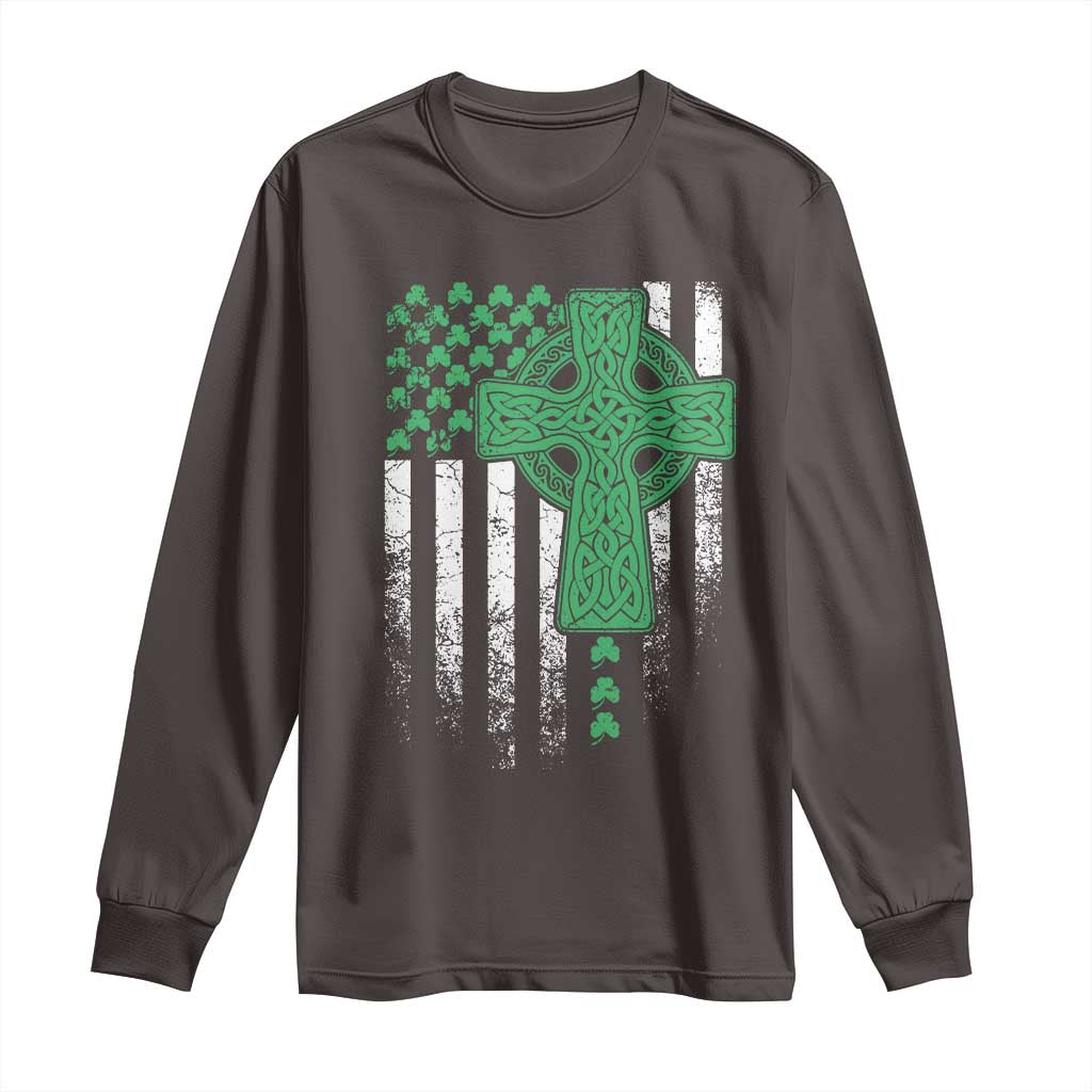 St Patricks Day American Flag Long Sleeve Shirt Celtic Cross Shamrocks