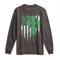 St Patricks Day American Flag Long Sleeve Shirt Celtic Cross Shamrocks