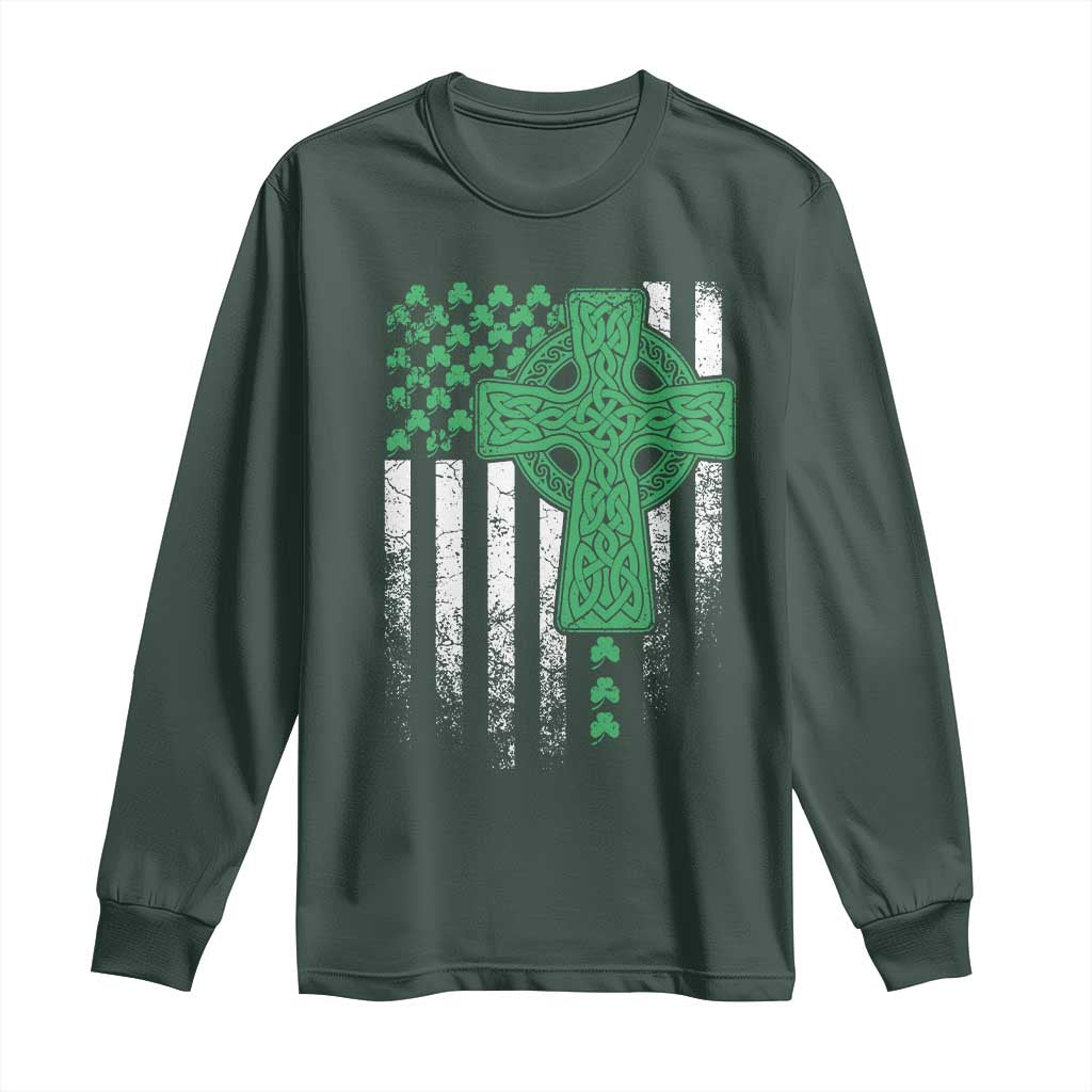 St Patricks Day American Flag Long Sleeve Shirt Celtic Cross Shamrocks