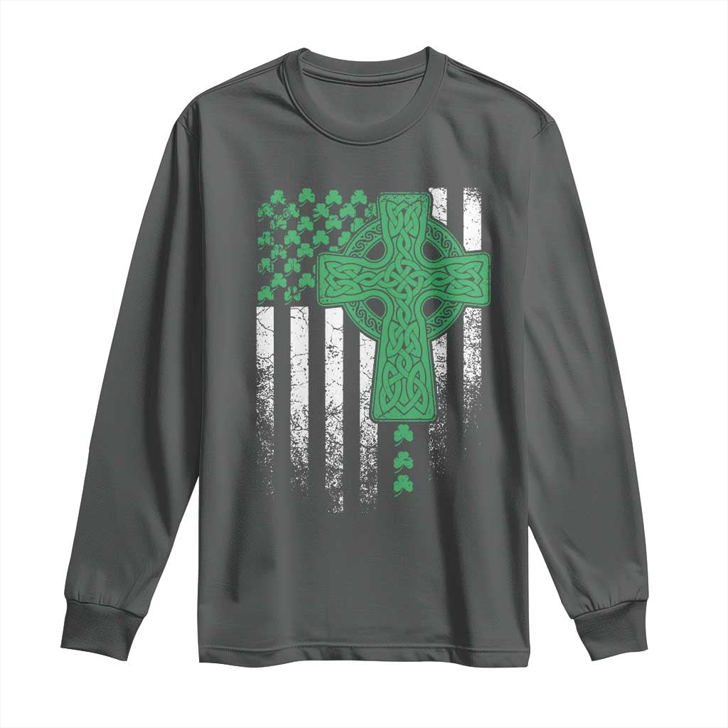 St Patricks Day American Flag Long Sleeve Shirt Celtic Cross Shamrocks