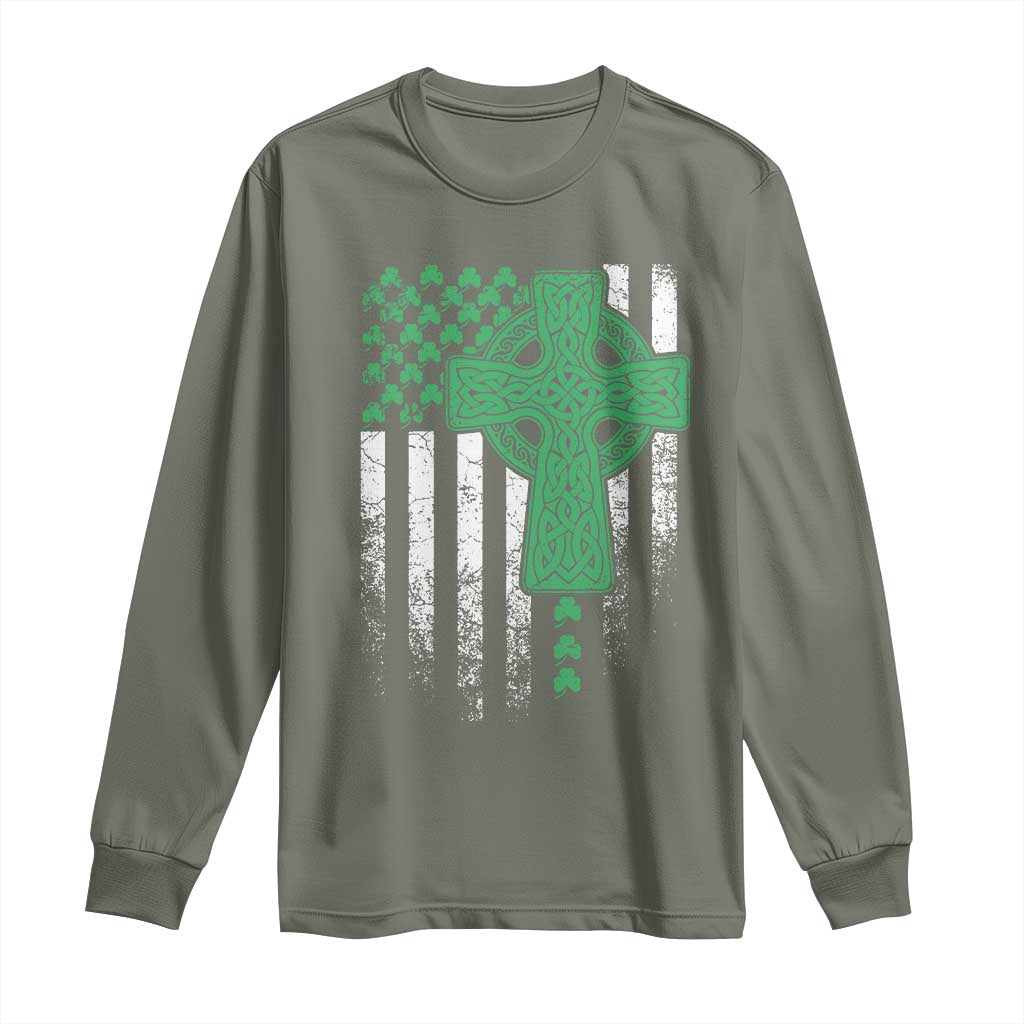 St Patricks Day American Flag Long Sleeve Shirt Celtic Cross Shamrocks