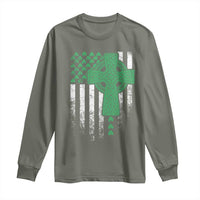 St Patricks Day American Flag Long Sleeve Shirt Celtic Cross Shamrocks