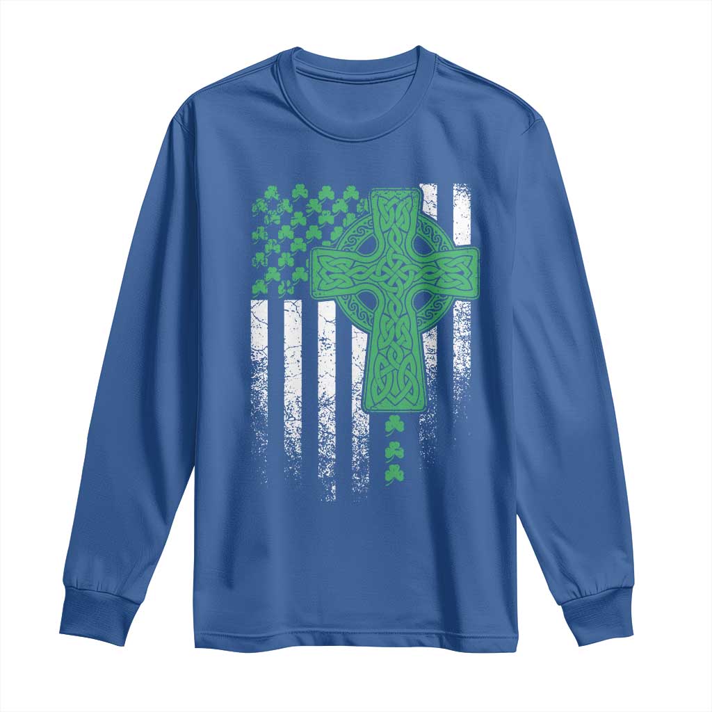 St Patricks Day American Flag Long Sleeve Shirt Celtic Cross Shamrocks