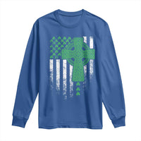 St Patricks Day American Flag Long Sleeve Shirt Celtic Cross Shamrocks