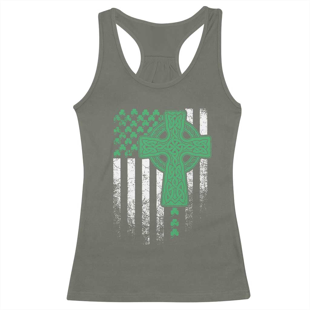 St Patricks Day American Flag Racerback Tank Top Celtic Cross Shamrocks