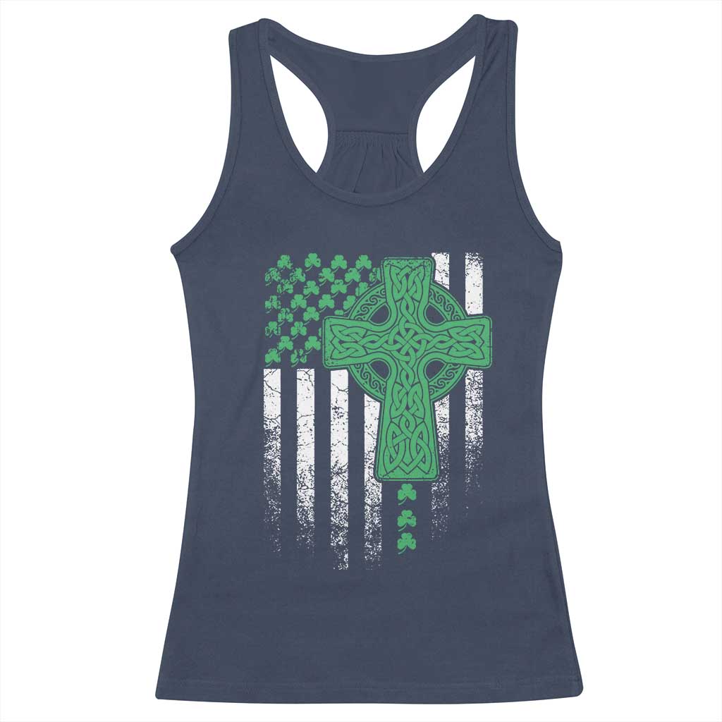 St Patricks Day American Flag Racerback Tank Top Celtic Cross Shamrocks