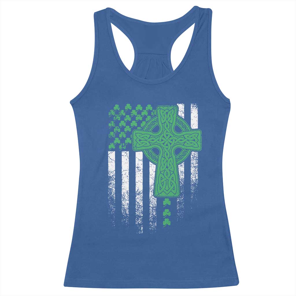 St Patricks Day American Flag Racerback Tank Top Celtic Cross Shamrocks
