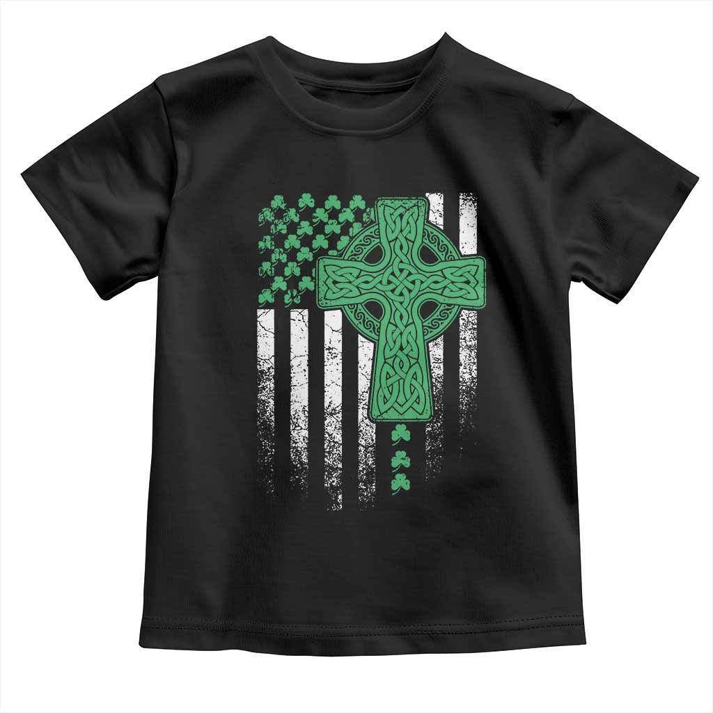 St Patricks Day American Flag Toddler T Shirt Celtic Cross Shamrocks
