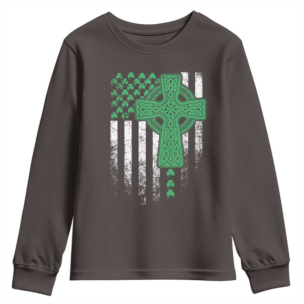 St Patricks Day American Flag Youth Sweatshirt Celtic Cross Shamrocks