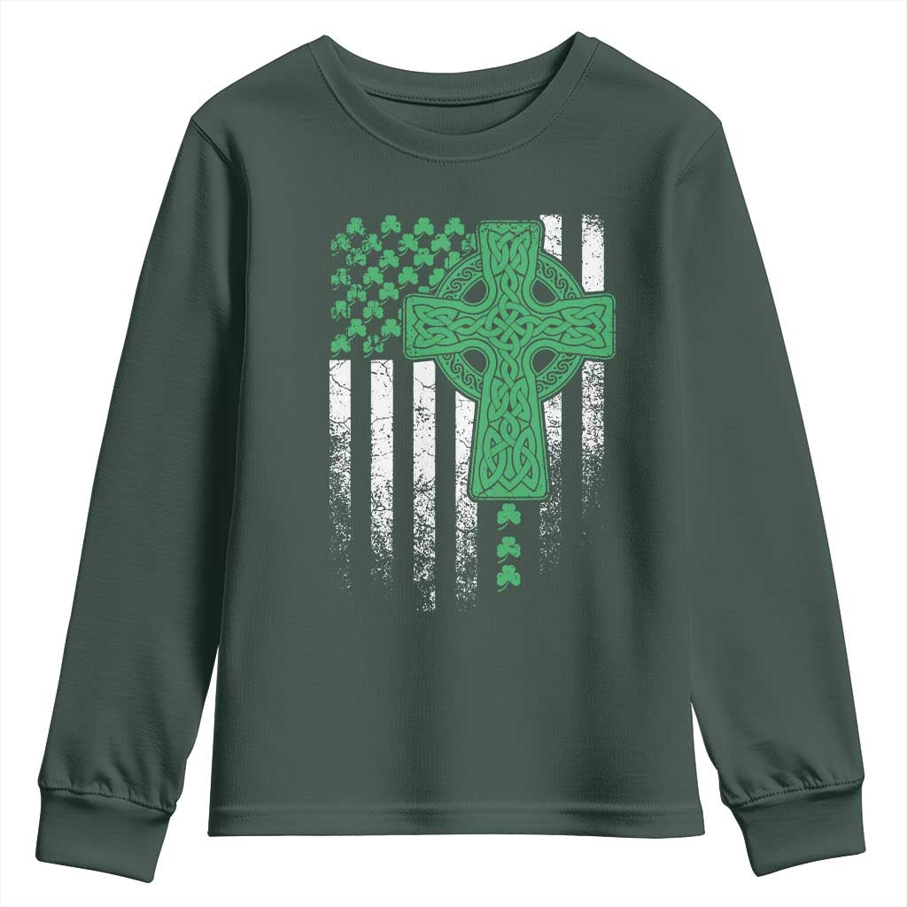 St Patricks Day American Flag Youth Sweatshirt Celtic Cross Shamrocks