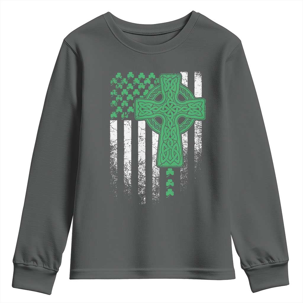 St Patricks Day American Flag Youth Sweatshirt Celtic Cross Shamrocks