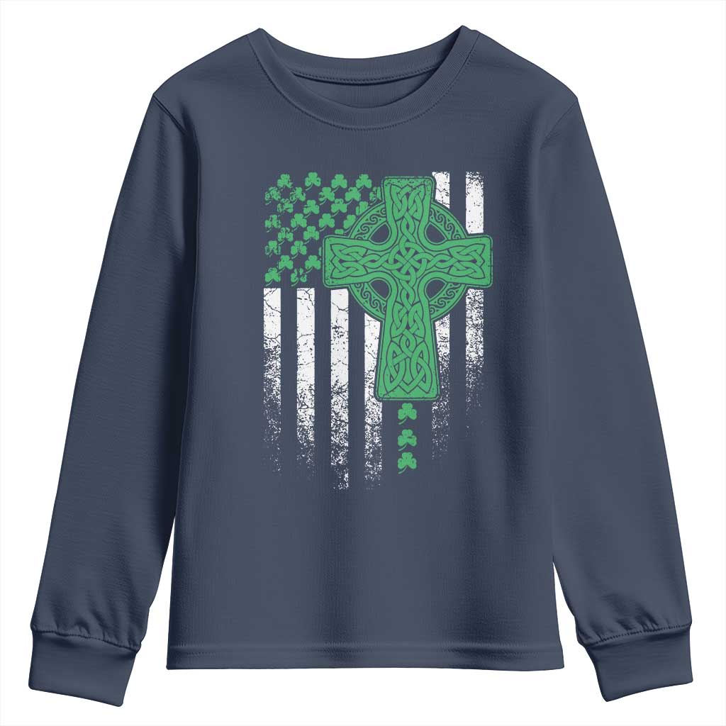St Patricks Day American Flag Youth Sweatshirt Celtic Cross Shamrocks