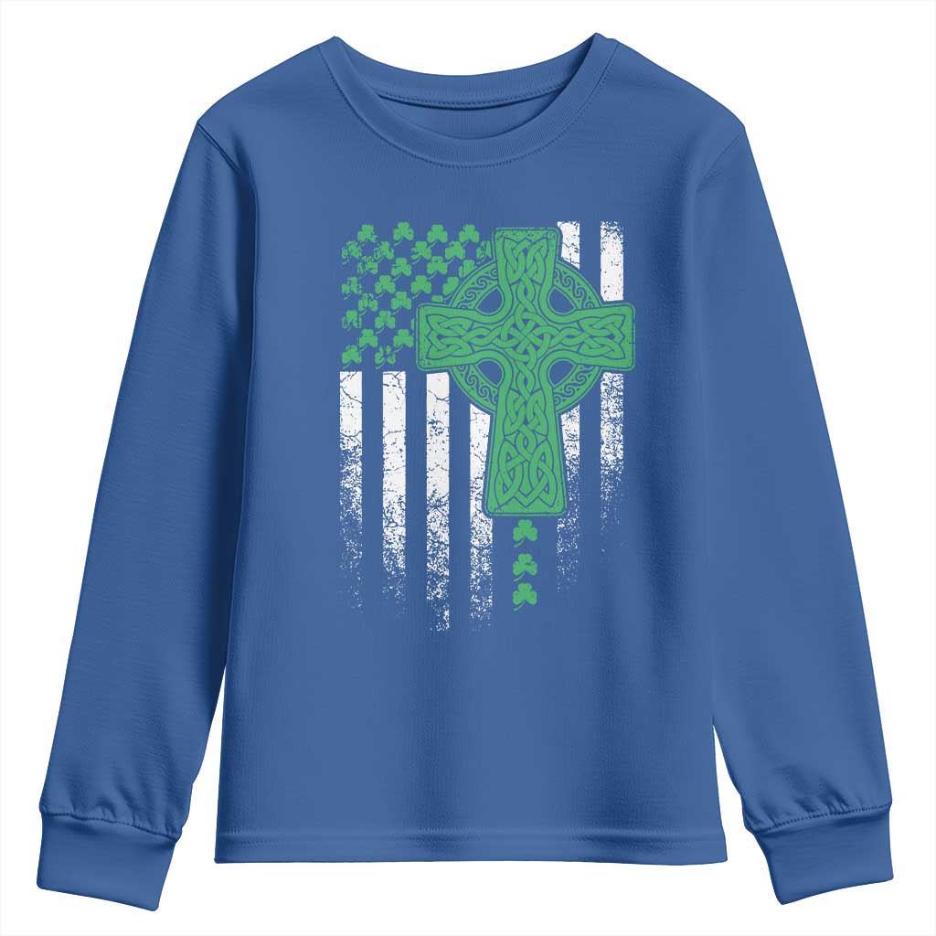 St Patricks Day American Flag Youth Sweatshirt Celtic Cross Shamrocks