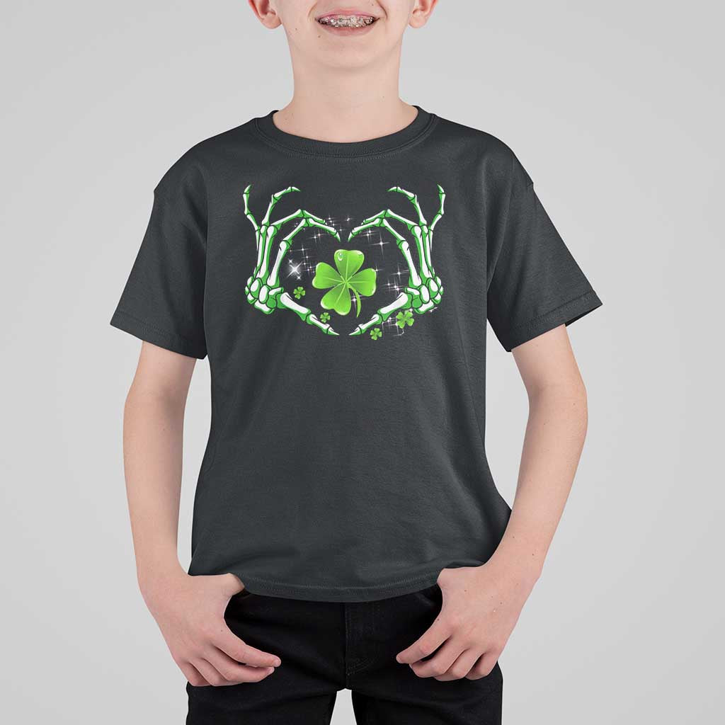 Skeleton Hand Heart Shamrock St Patricks Day T Shirt For Kid