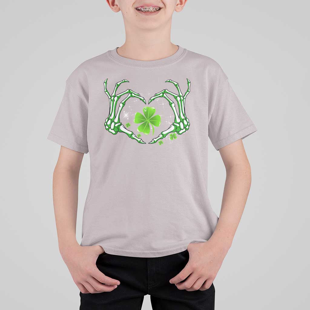 Skeleton Hand Heart Shamrock St Patricks Day T Shirt For Kid