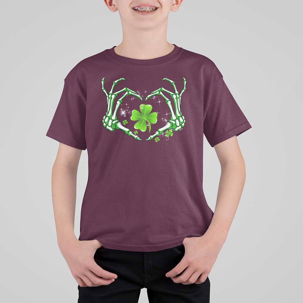 Skeleton Hand Heart Shamrock St Patricks Day T Shirt For Kid
