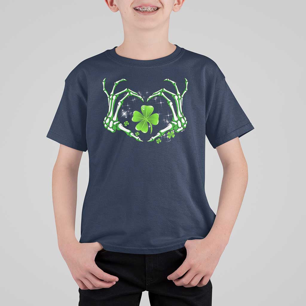 Skeleton Hand Heart Shamrock St Patricks Day T Shirt For Kid