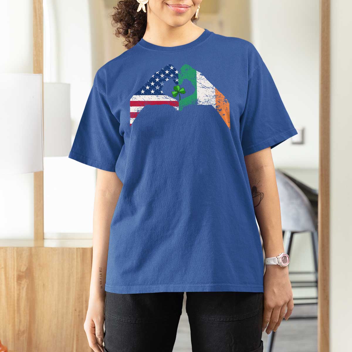 America Ireland Flag T Shirt For Women Lucky Shamrock Vintage American Irish Roots
