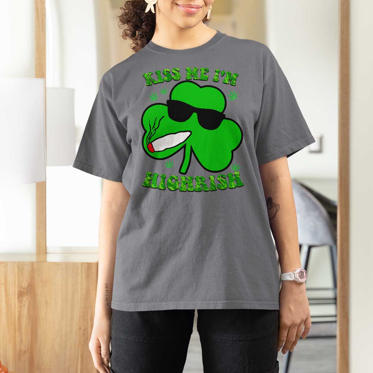 Funny St. Patrick's Day Marijuana T Shirt For Women Kiss Me I'm Highrish 420 High Irish Weed