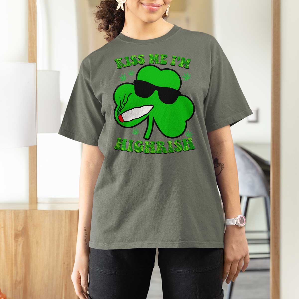 Funny St. Patrick's Day Marijuana T Shirt For Women Kiss Me I'm Highrish 420 High Irish Weed