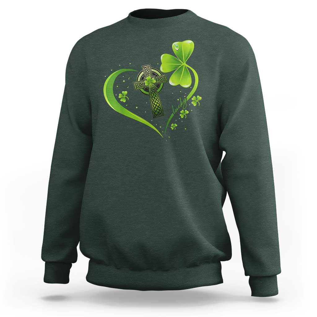 St Patricks Day Sweatshirt Lucky Clover Irish Shamrock Celtic Cross