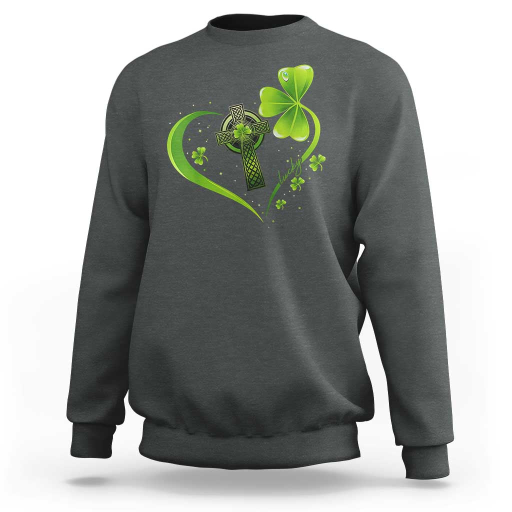 St Patricks Day Sweatshirt Lucky Clover Irish Shamrock Celtic Cross