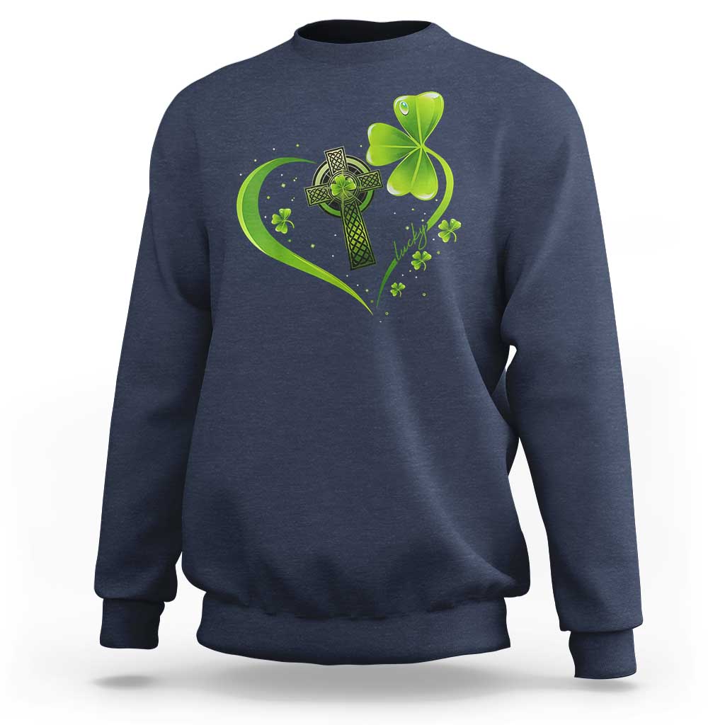 St Patricks Day Sweatshirt Lucky Clover Irish Shamrock Celtic Cross