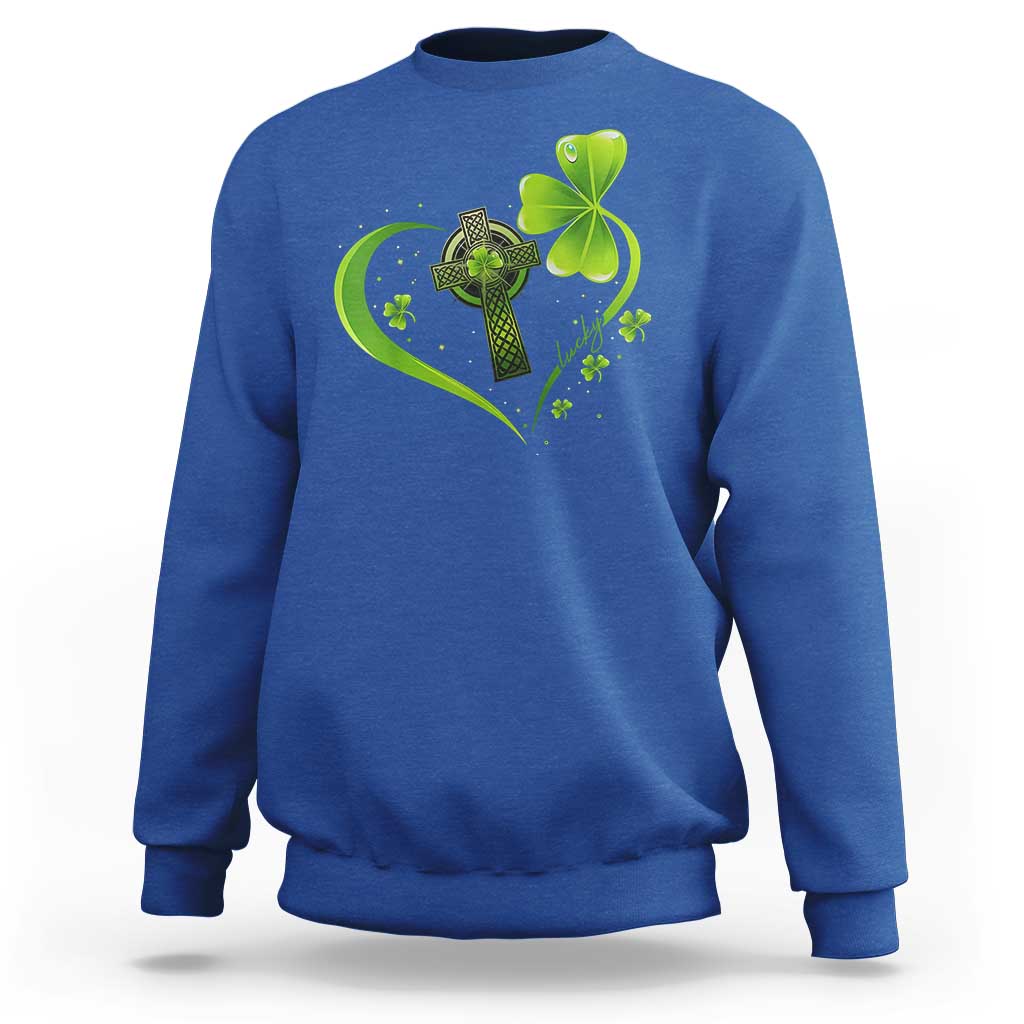 St Patricks Day Sweatshirt Lucky Clover Irish Shamrock Celtic Cross