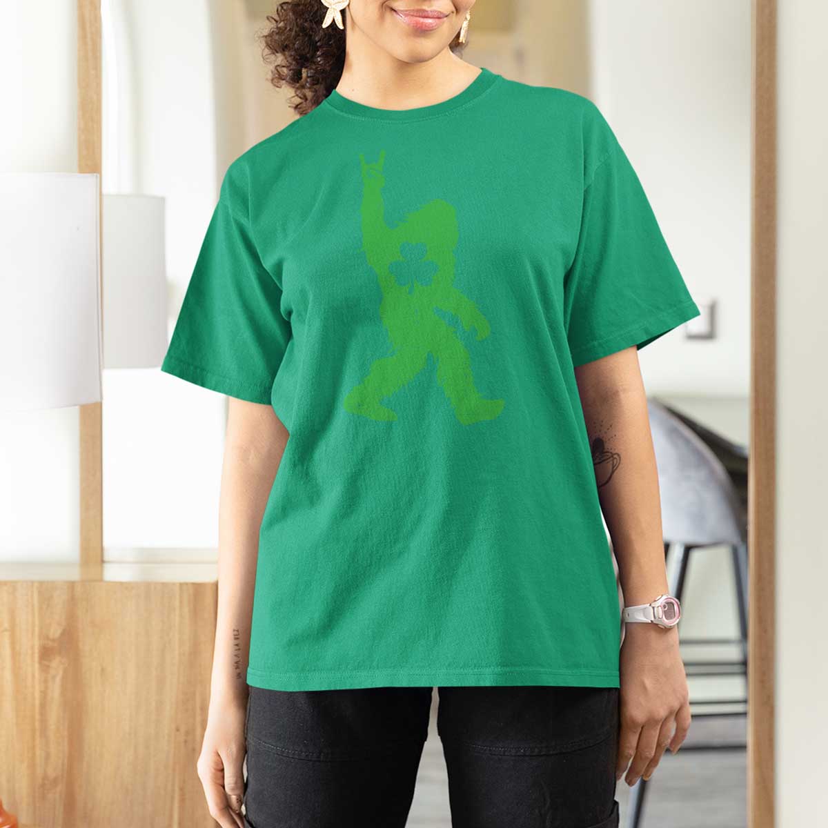St Patricks Day Bigfoot T Shirt For Women Irish Sasquatch Shamrock