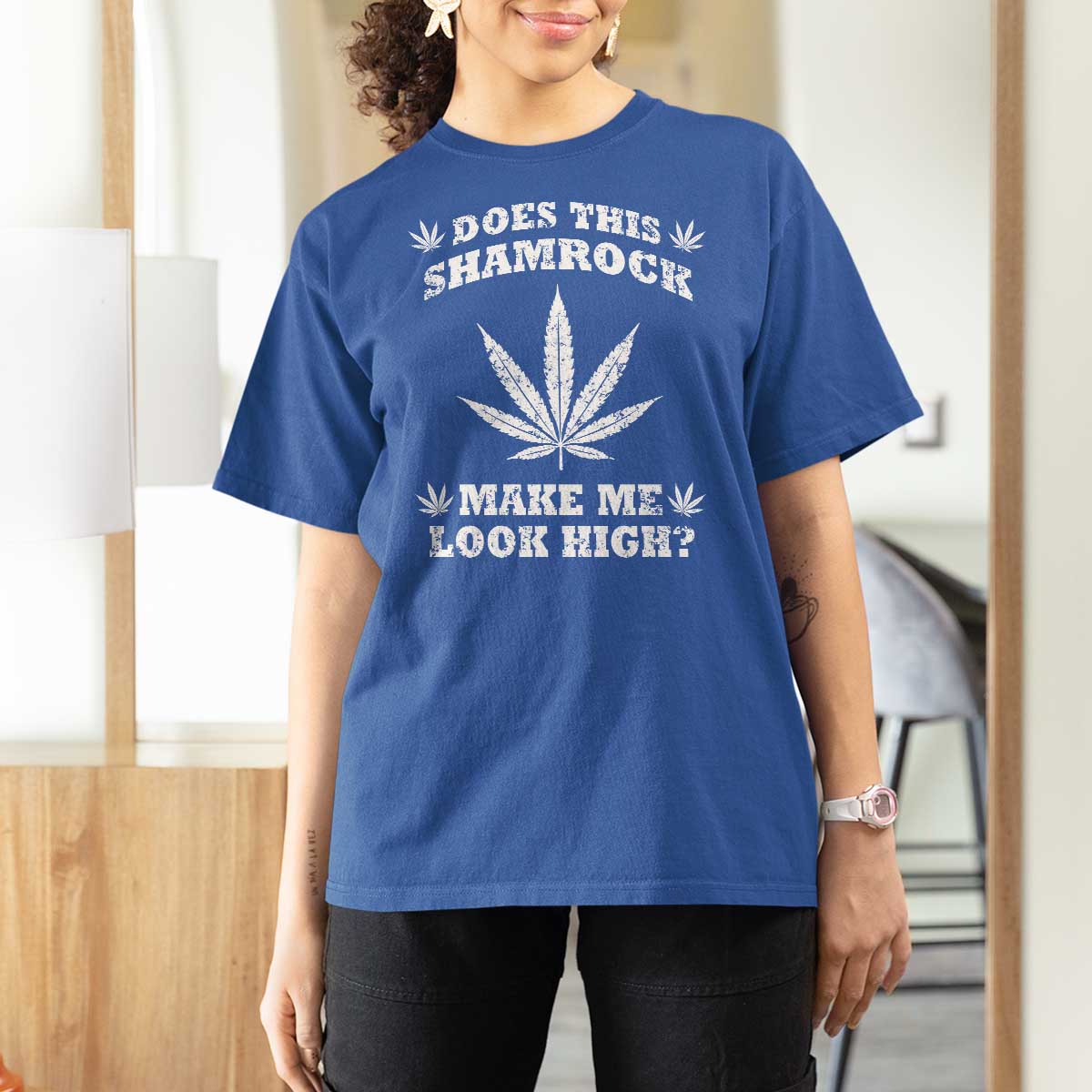 Funny St. Patrick's Day T Shirt For Women Weed Lover Does This Shamrock Make Me Look High