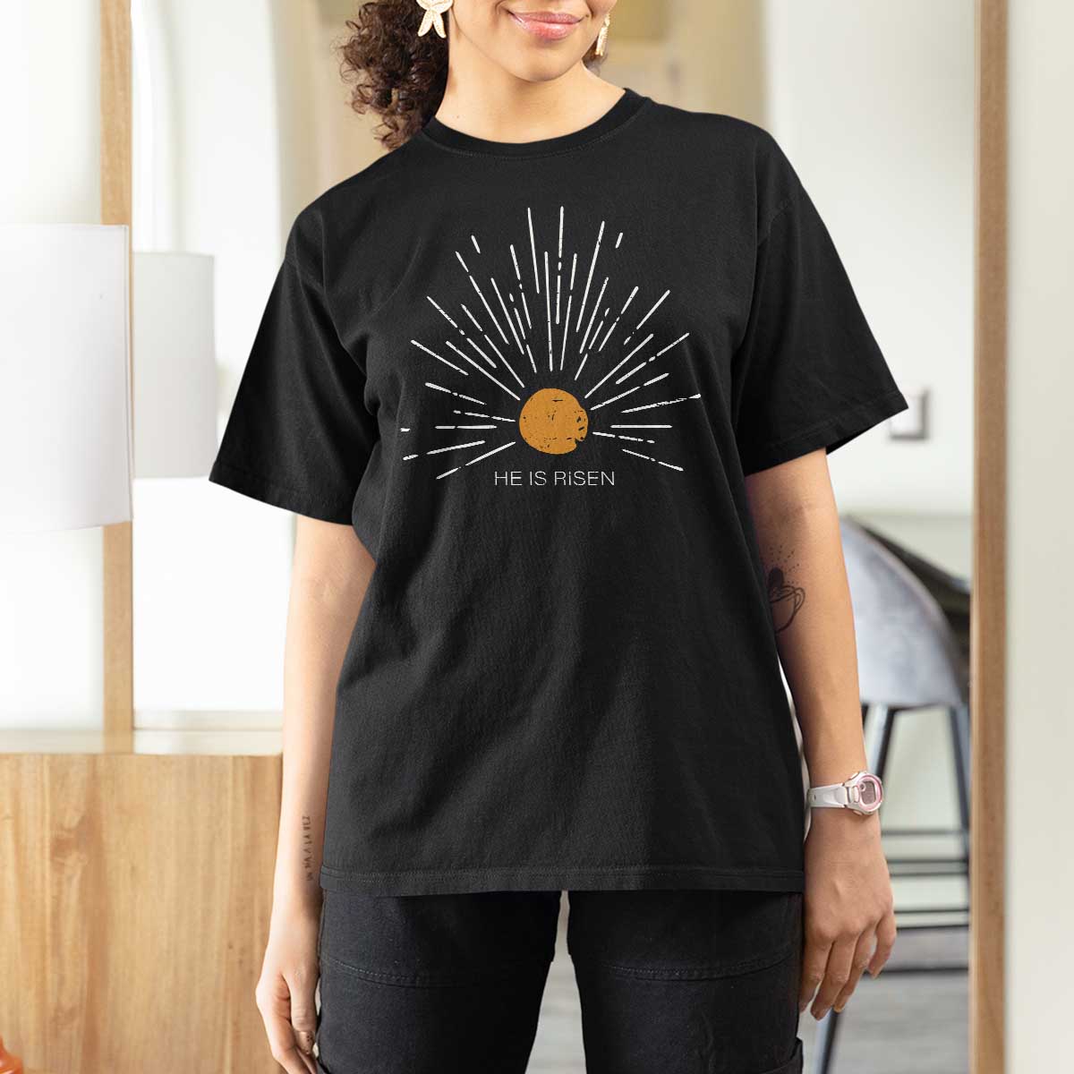 He Is Risen T Shirt For Women Sunburst Vintage Jesus Religious Easter Day Christians