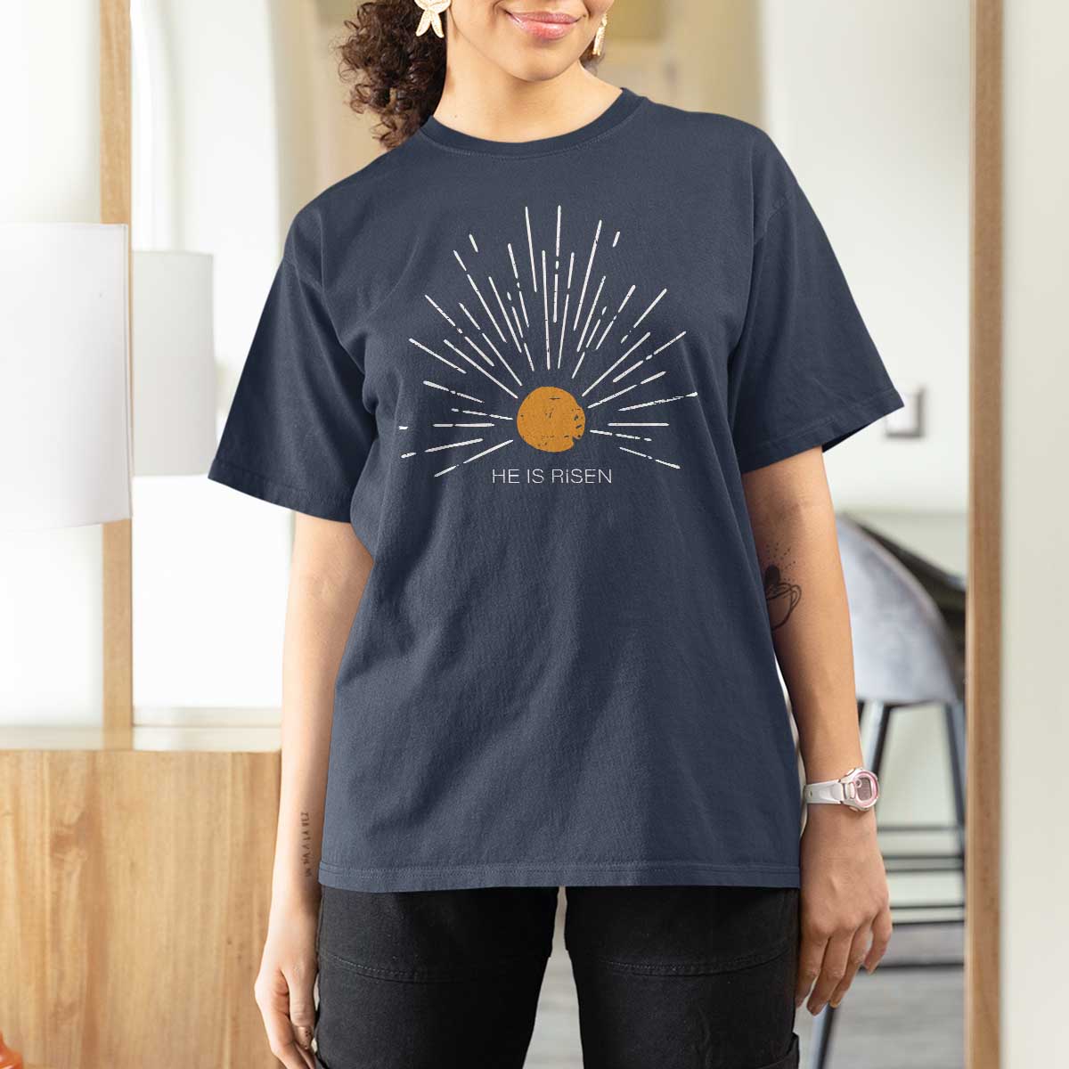 He Is Risen T Shirt For Women Sunburst Vintage Jesus Religious Easter Day Christians
