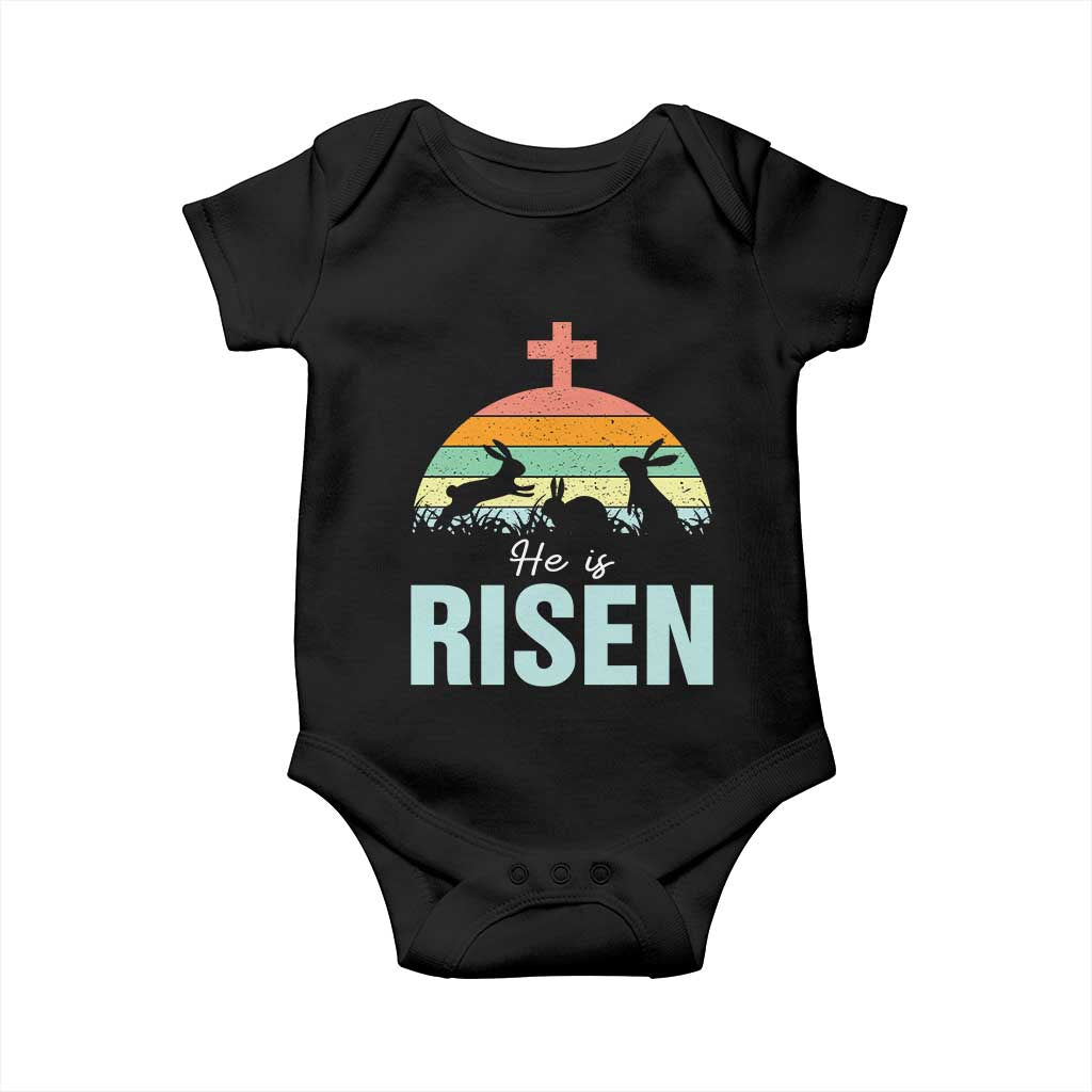 Retro He is Risen Baby Onesie Bunny Easter Cross Christian Religious Jesus Has Risen - Wonder Print Shop