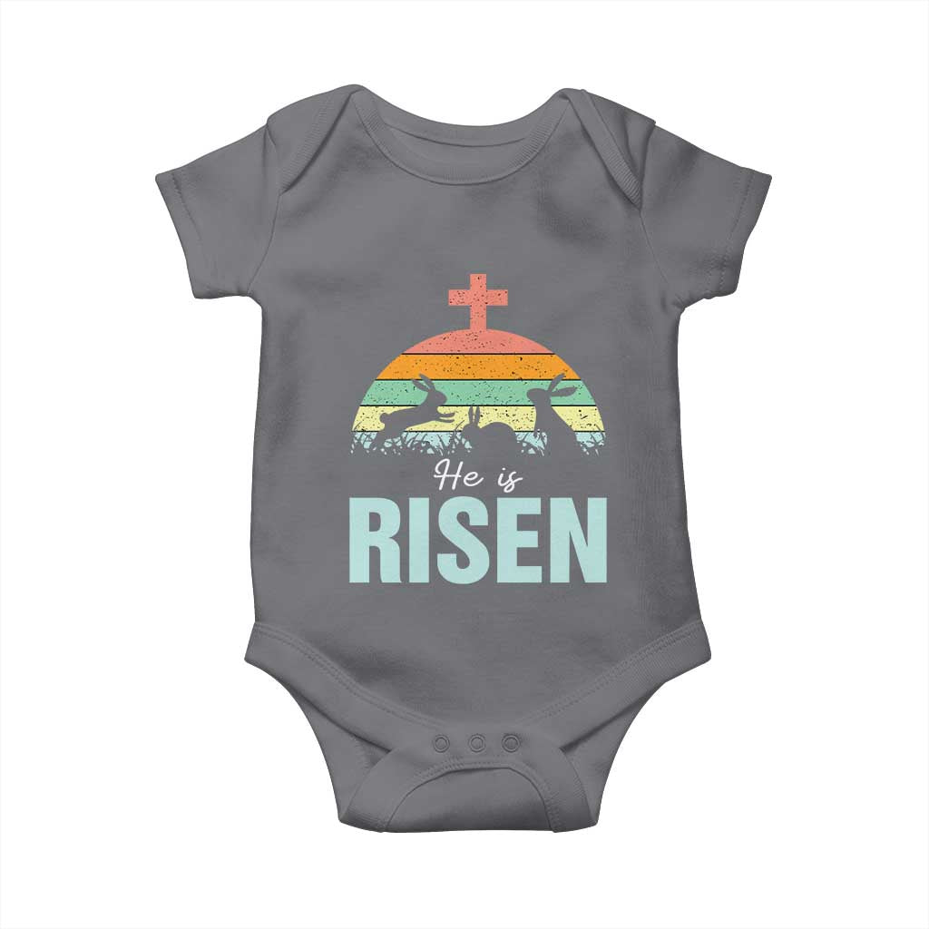 Retro He is Risen Baby Onesie Bunny Easter Cross Christian Religious Jesus Has Risen - Wonder Print Shop