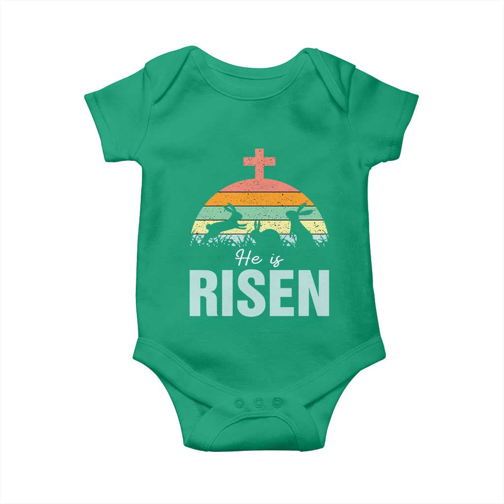 Retro He is Risen Baby Onesie Bunny Easter Cross Christian Religious Jesus Has Risen - Wonder Print Shop
