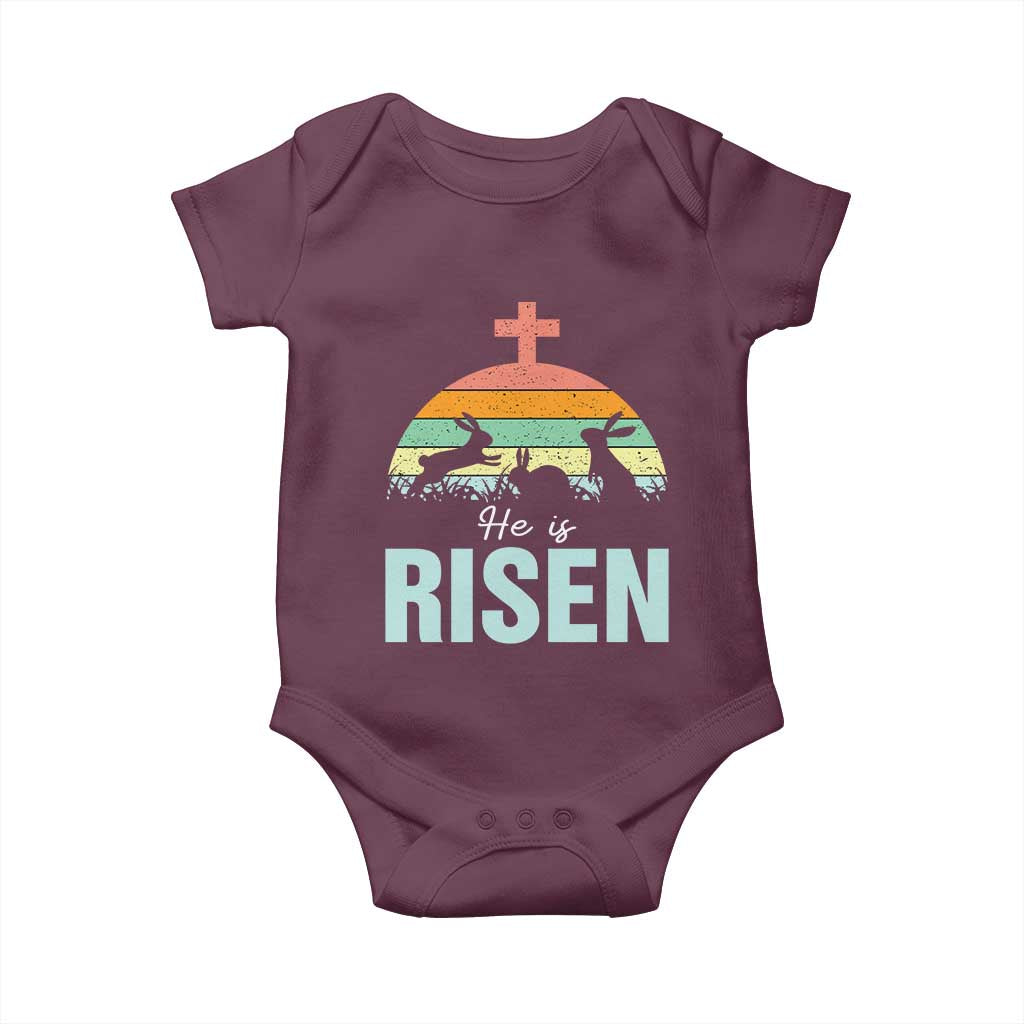 Retro He is Risen Baby Onesie Bunny Easter Cross Christian Religious Jesus Has Risen - Wonder Print Shop