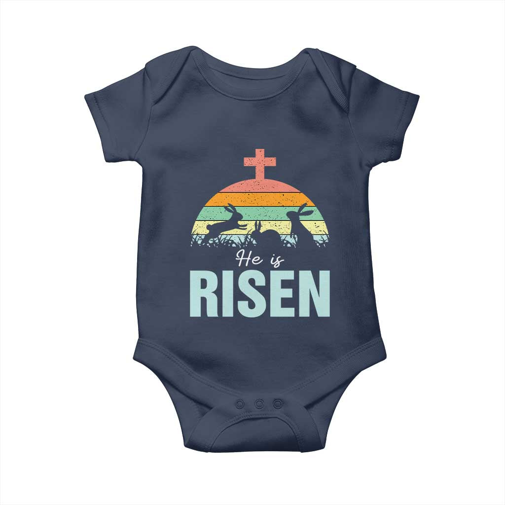 Retro He is Risen Baby Onesie Bunny Easter Cross Christian Religious Jesus Has Risen - Wonder Print Shop