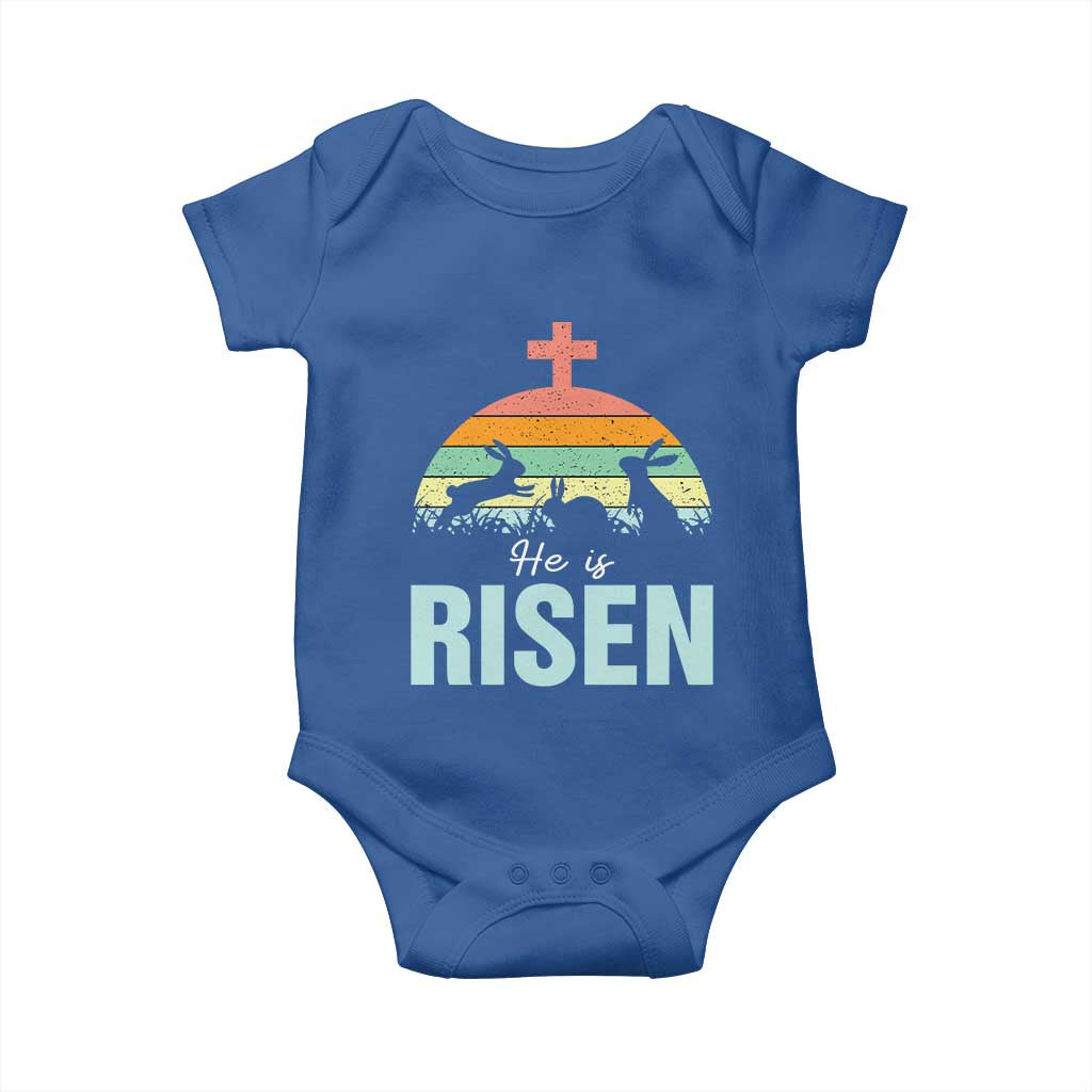 Retro He is Risen Baby Onesie Bunny Easter Cross Christian Religious Jesus Has Risen - Wonder Print Shop