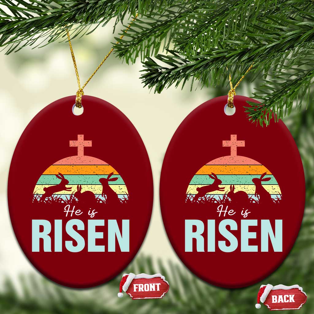 Retro He is Risen Ceramic Ornament Bunny Easter Cross Christian Religious Jesus Has Risen - Wonder Print Shop