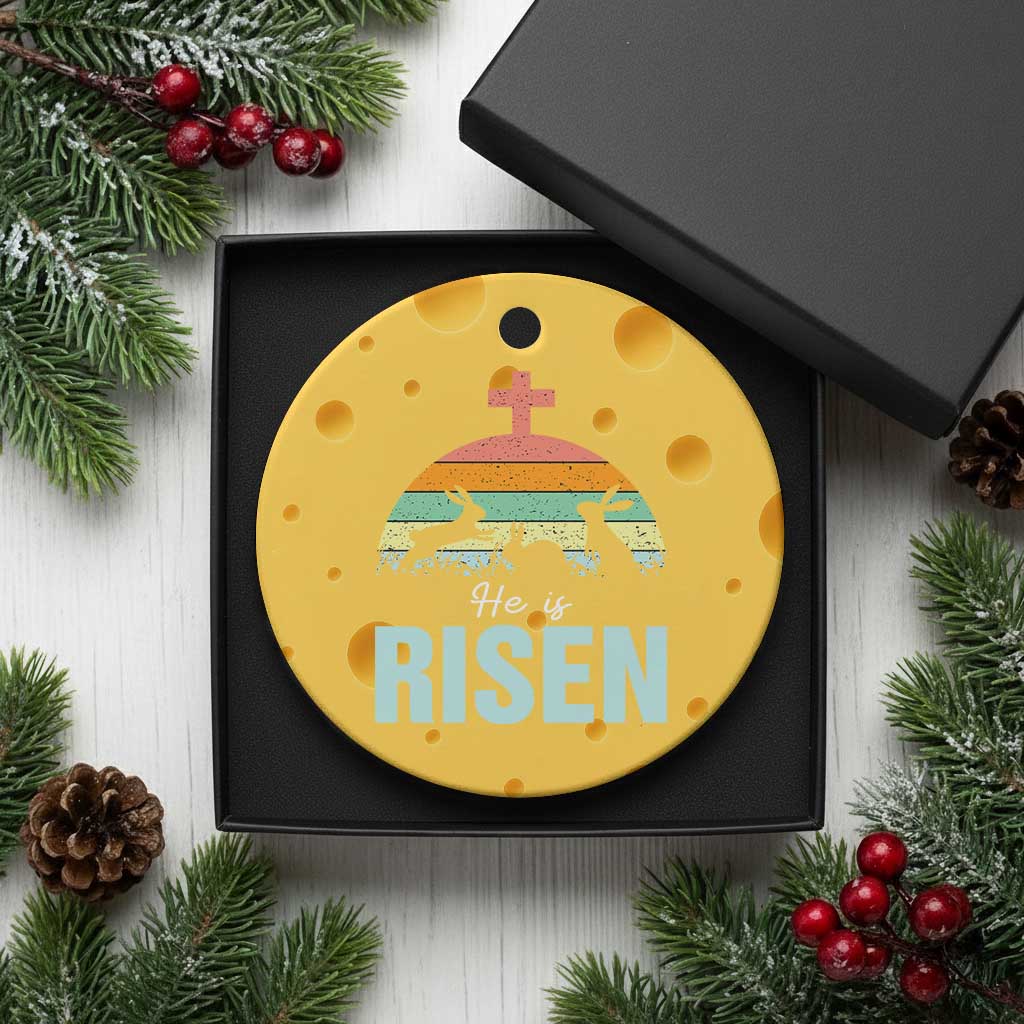 Retro He is Risen Ceramic Ornament Bunny Easter Cross Christian Religious Jesus Has Risen - Wonder Print Shop