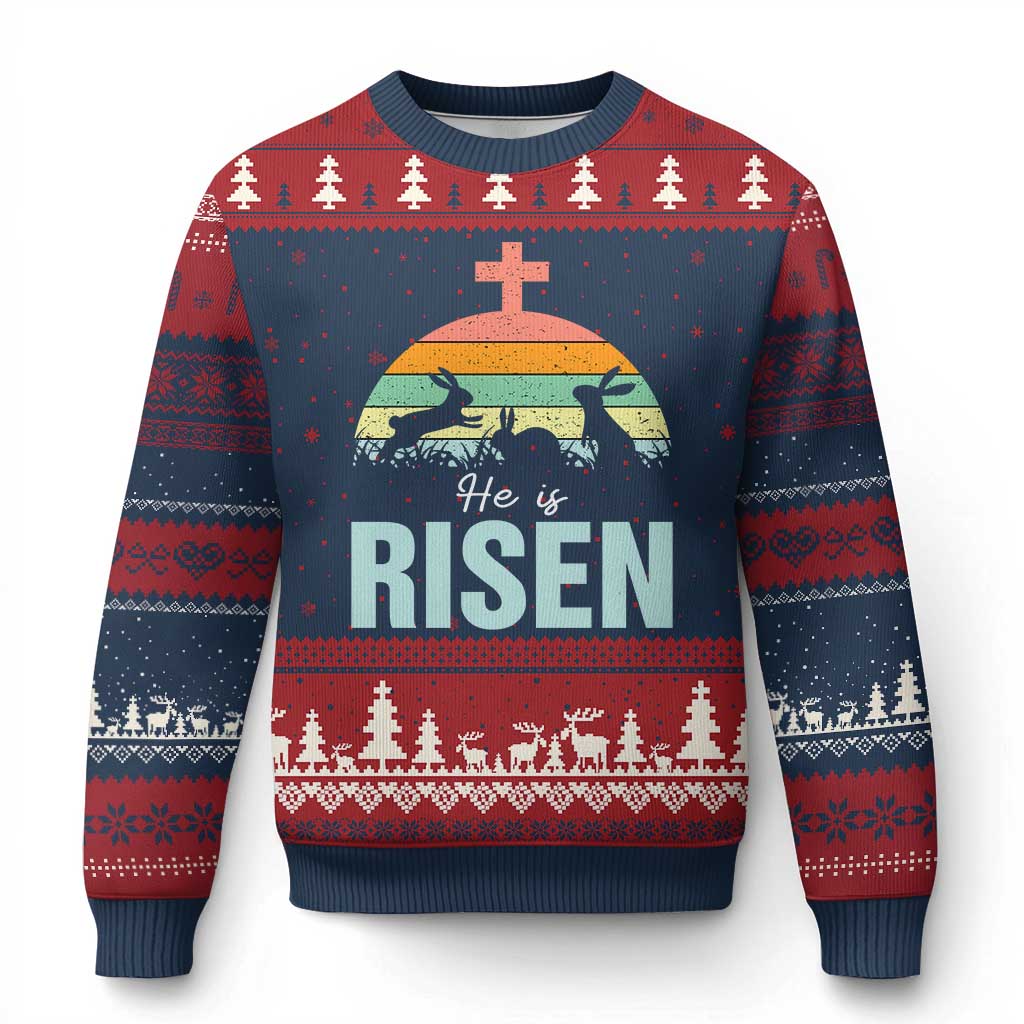Retro He is Risen Ugly Christmas Sweater Bunny Easter Cross Christian Religious Jesus Has Risen - Wonder Print Shop