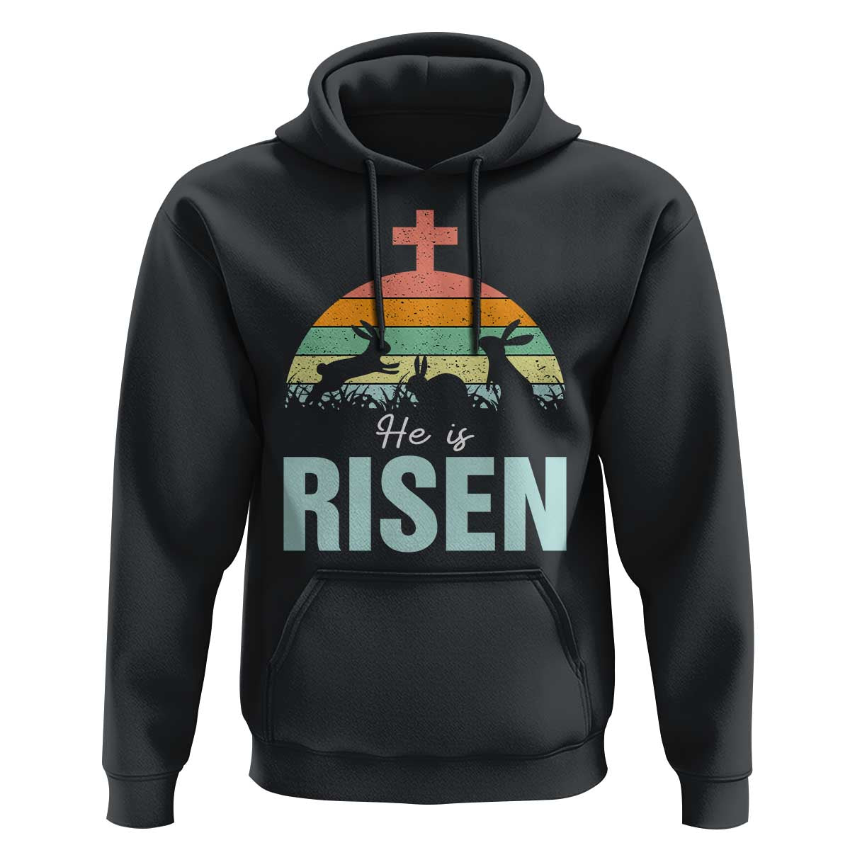Retro He is Risen Hoodie Bunny Easter Cross Christian Religious Jesus Has Risen - Wonder Print Shop