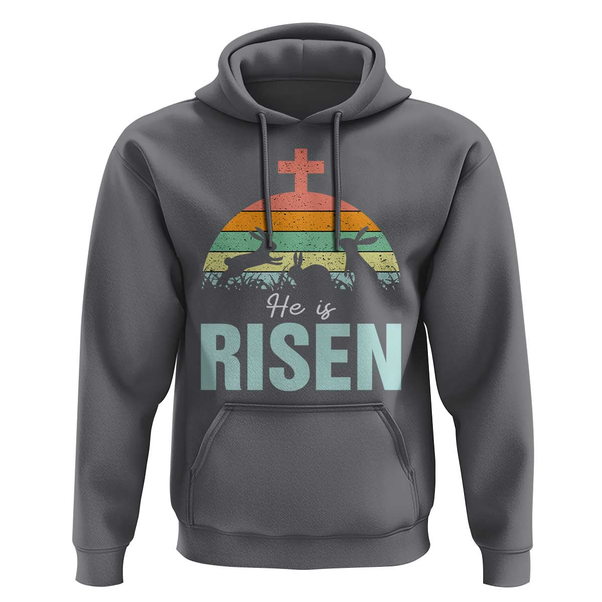 Retro He is Risen Hoodie Bunny Easter Cross Christian Religious Jesus Has Risen - Wonder Print Shop