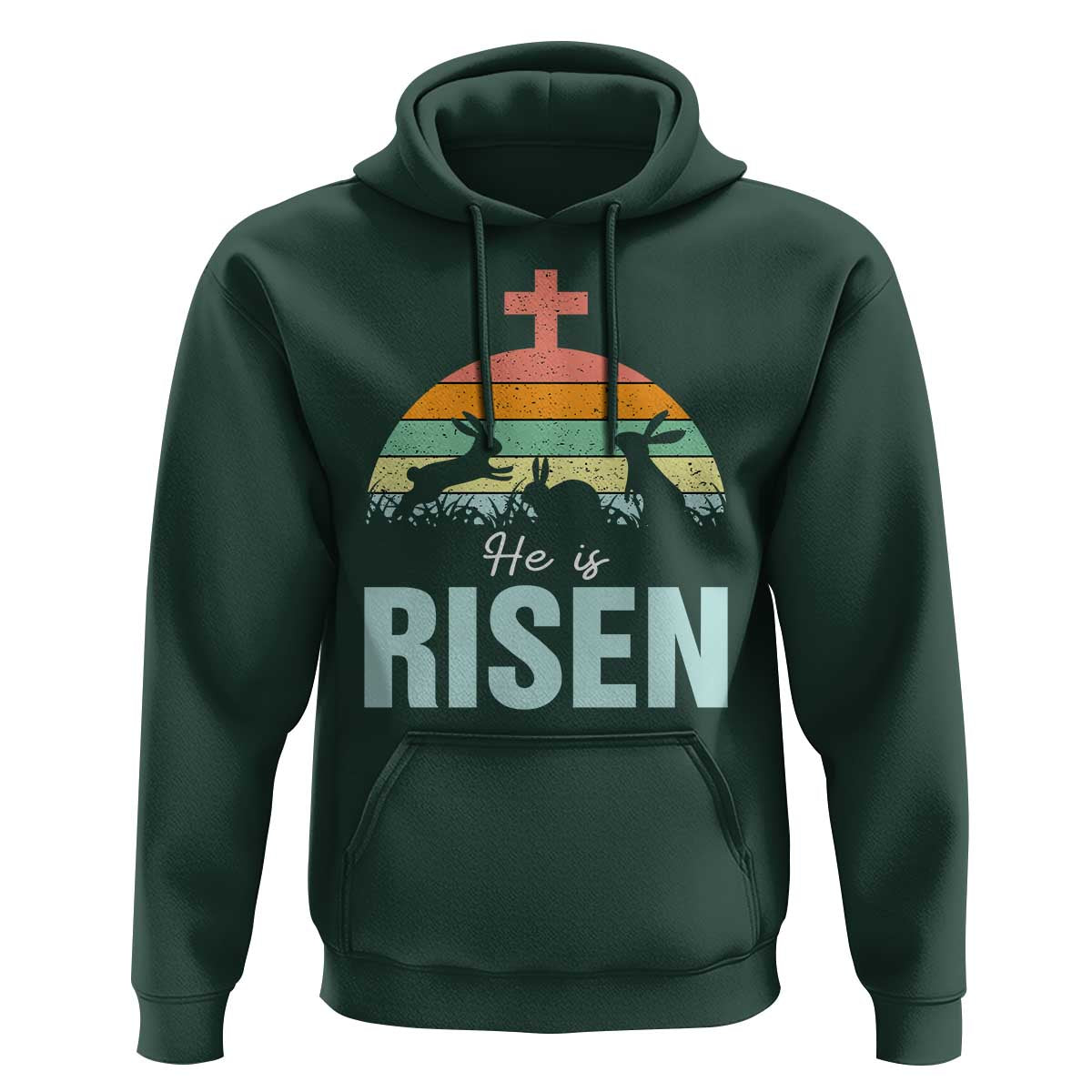 Retro He is Risen Hoodie Bunny Easter Cross Christian Religious Jesus Has Risen - Wonder Print Shop